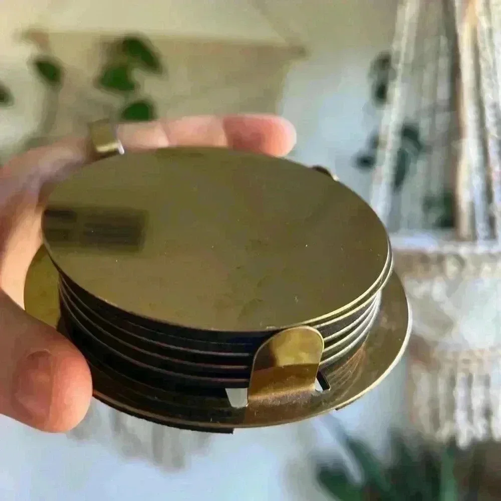 IKEA GLATTIS Coasters with holder, brass / gold color, 3 